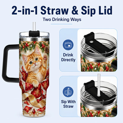 #pl[40oz|Black] Christmas Kitten 40oz Tumbler with Handle, Festive Cat Travel Cup