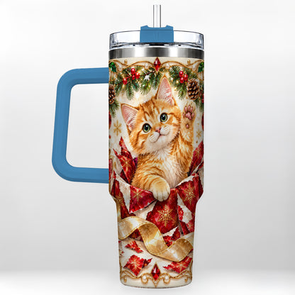 #pl[40oz|Blue] Christmas Kitten 40oz Tumbler with Handle, Festive Cat Travel Cup