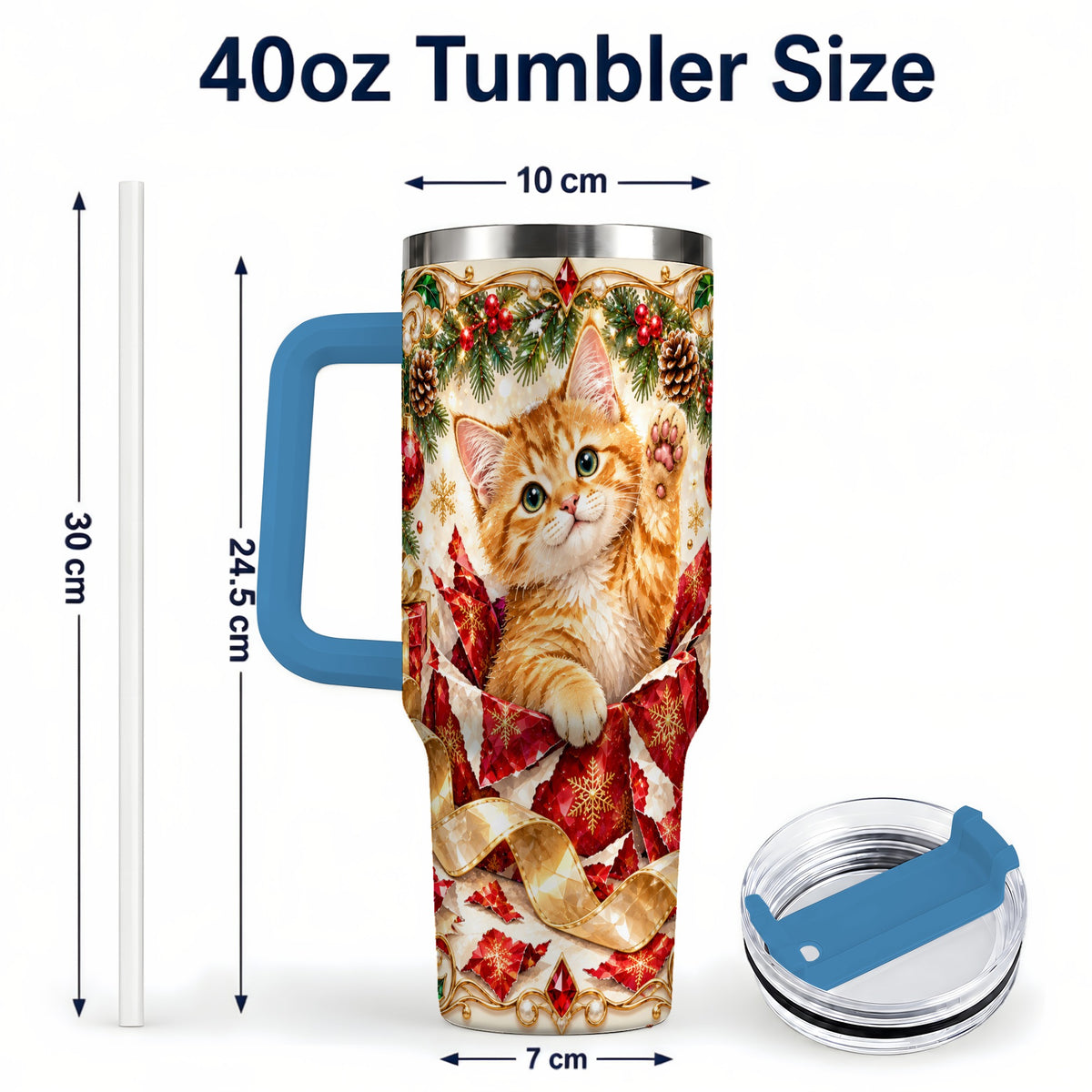 #pl[40oz|Blue] Christmas Kitten 40oz Tumbler with Handle, Festive Cat Travel Cup