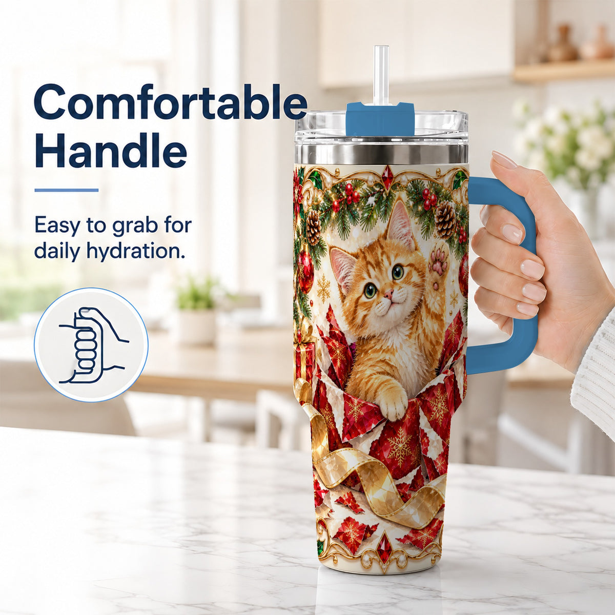 #pl[40oz|Blue] Christmas Kitten 40oz Tumbler with Handle, Festive Cat Travel Cup
