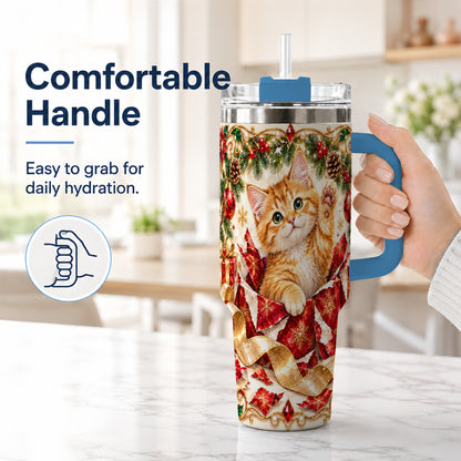 #pl[40oz|Blue] Christmas Kitten 40oz Tumbler with Handle, Festive Cat Travel Cup