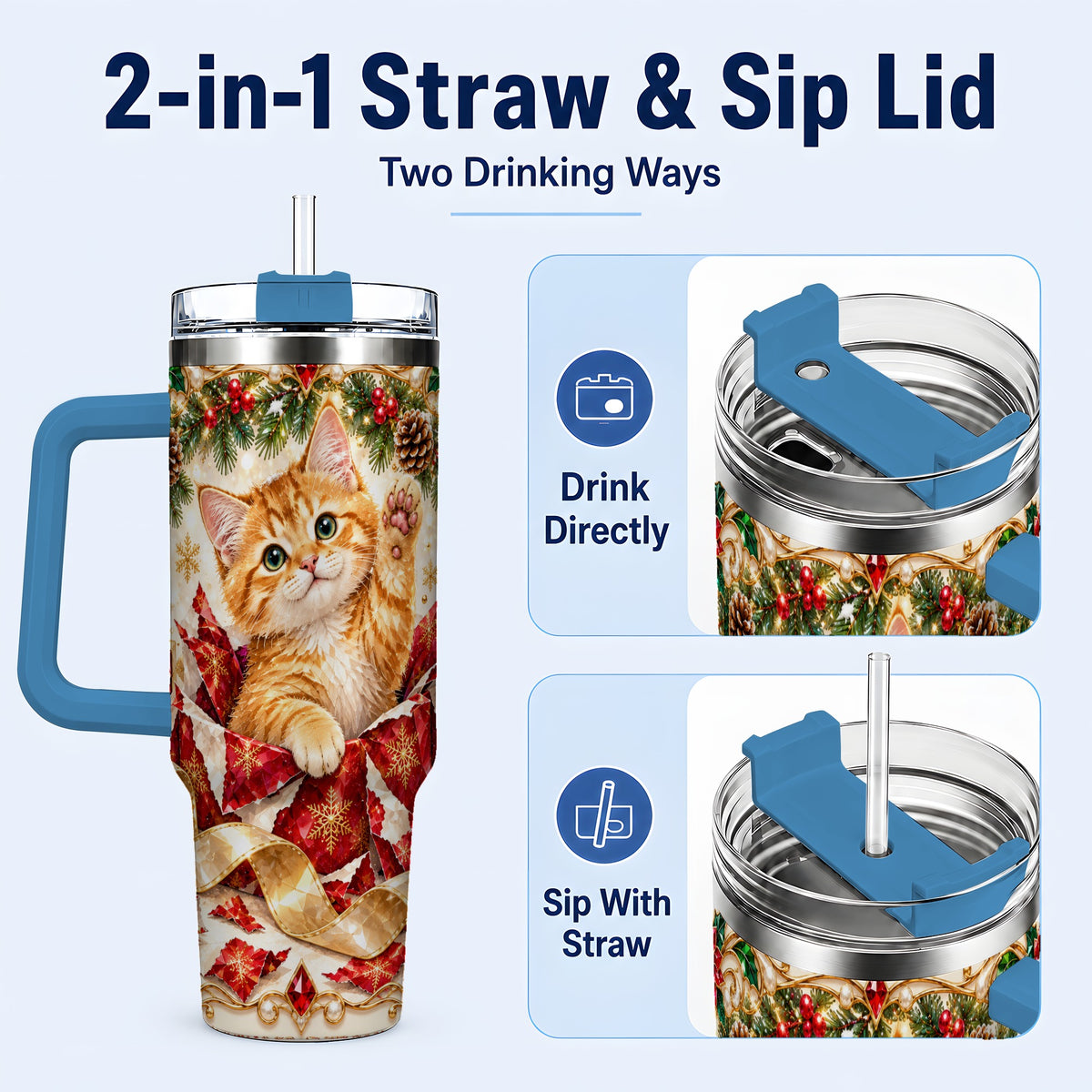 #pl[40oz|Blue] Christmas Kitten 40oz Tumbler with Handle, Festive Cat Travel Cup