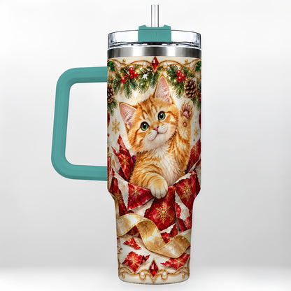 #pl[40oz|Green] Christmas Kitten 40oz Tumbler with Handle, Festive Cat Travel Cup