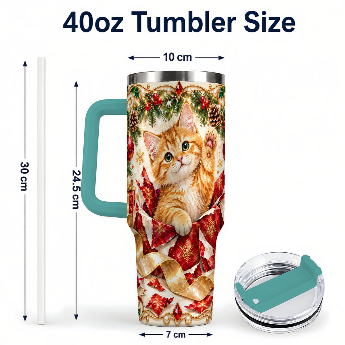 #pl[40oz|Green] Christmas Kitten 40oz Tumbler with Handle, Festive Cat Travel Cup