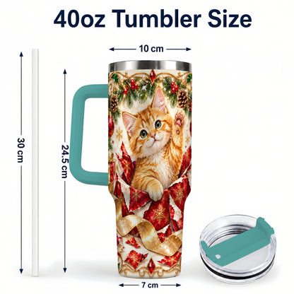 #pl[40oz|Green] Christmas Kitten 40oz Tumbler with Handle, Festive Cat Travel Cup