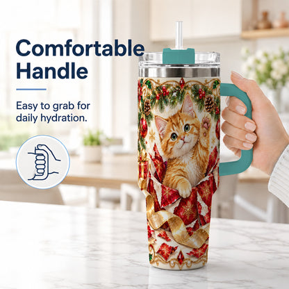 #pl[40oz|Green] Christmas Kitten 40oz Tumbler with Handle, Festive Cat Travel Cup