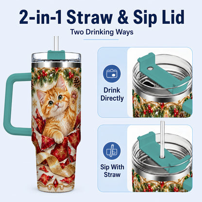#pl[40oz|Green] Christmas Kitten 40oz Tumbler with Handle, Festive Cat Travel Cup