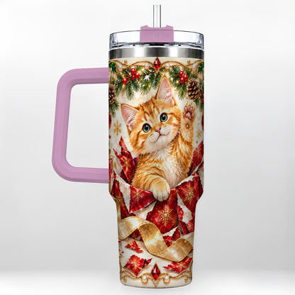 #pl[40oz|Pink] Christmas Kitten 40oz Tumbler with Handle, Festive Cat Travel Cup