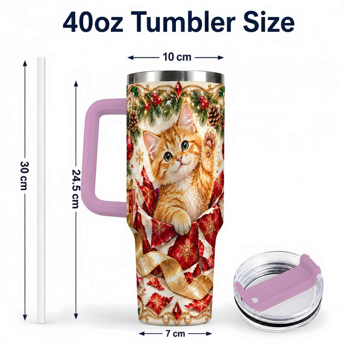 #pl[40oz|Pink] Christmas Kitten 40oz Tumbler with Handle, Festive Cat Travel Cup