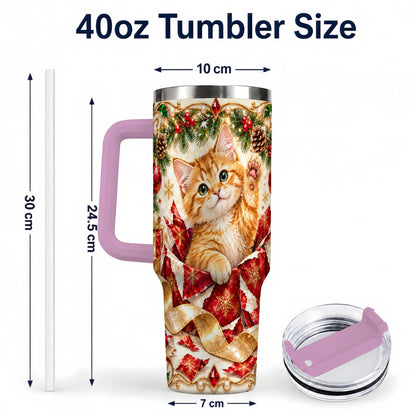 #pl[40oz|Pink] Christmas Kitten 40oz Tumbler with Handle, Festive Cat Travel Cup
