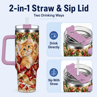 #pl[40oz|Pink] Christmas Kitten 40oz Tumbler with Handle, Festive Cat Travel Cup