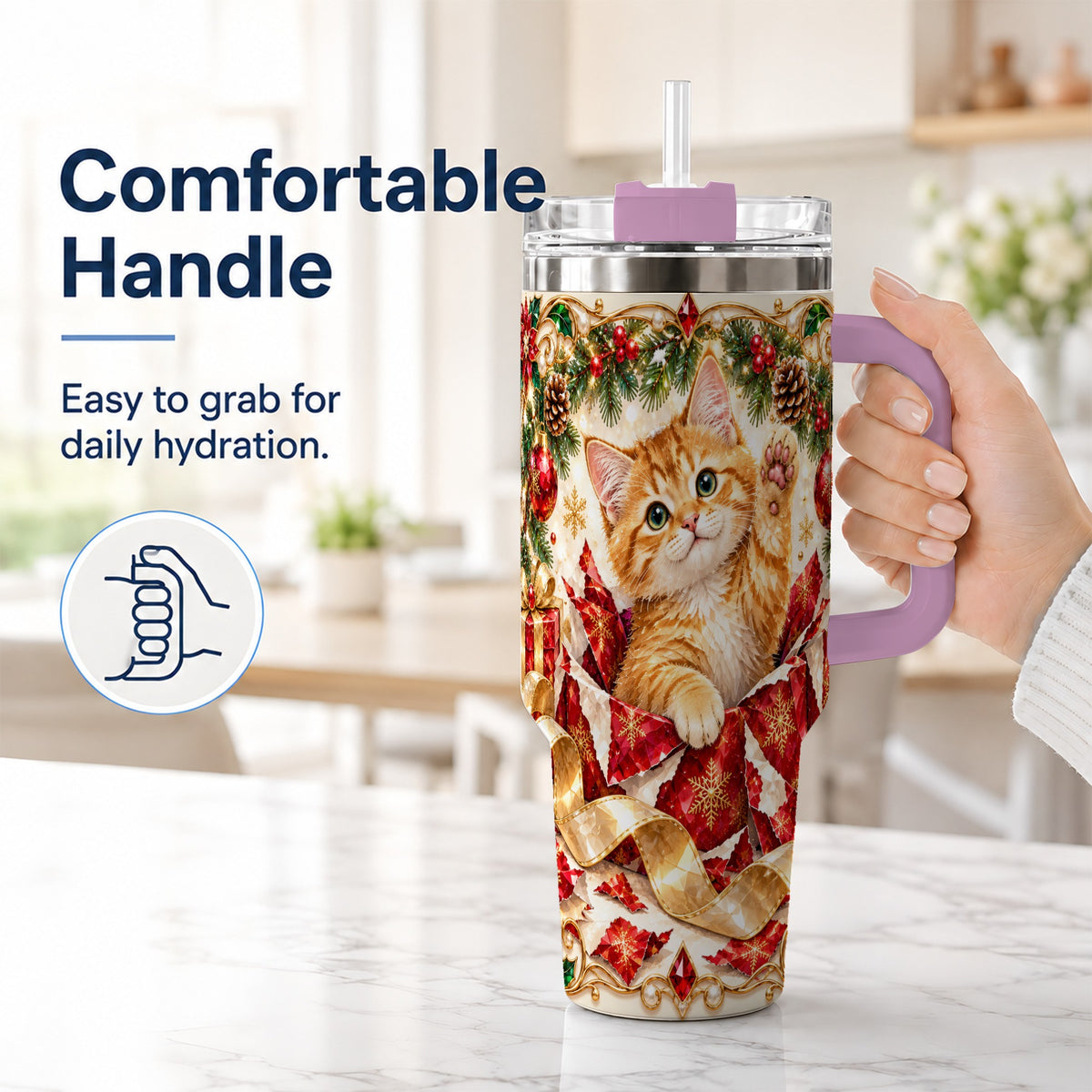 #pl[40oz|Pink] Christmas Kitten 40oz Tumbler with Handle, Festive Cat Travel Cup