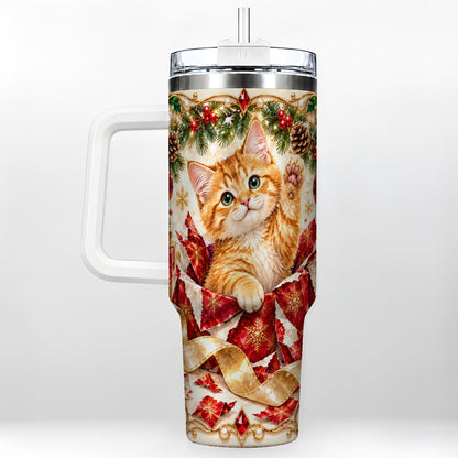 Christmas Kitten 40oz Tumbler with Handle, Festive Cat Travel Cup