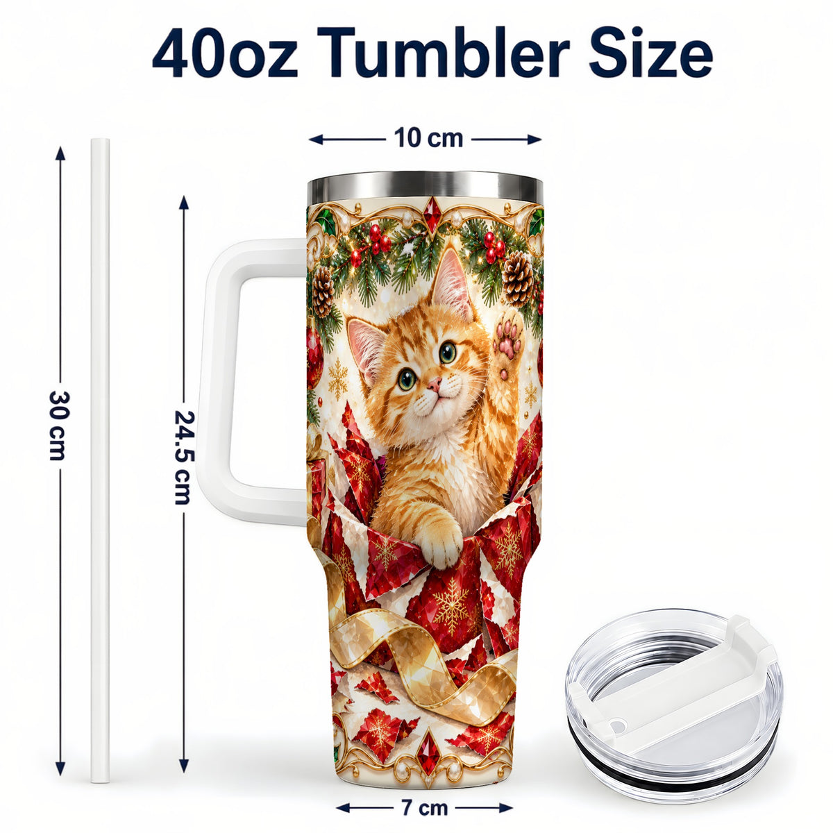 #pl[40oz|White] Christmas Kitten 40oz Tumbler with Handle, Festive Cat Travel Cup