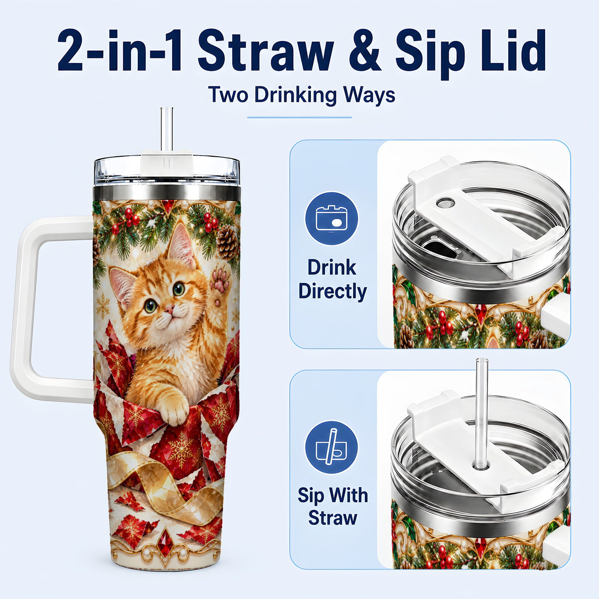 #pl[40oz|White] Christmas Kitten 40oz Tumbler with Handle, Festive Cat Travel Cup