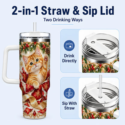 #pl[40oz|White] Christmas Kitten 40oz Tumbler with Handle, Festive Cat Travel Cup