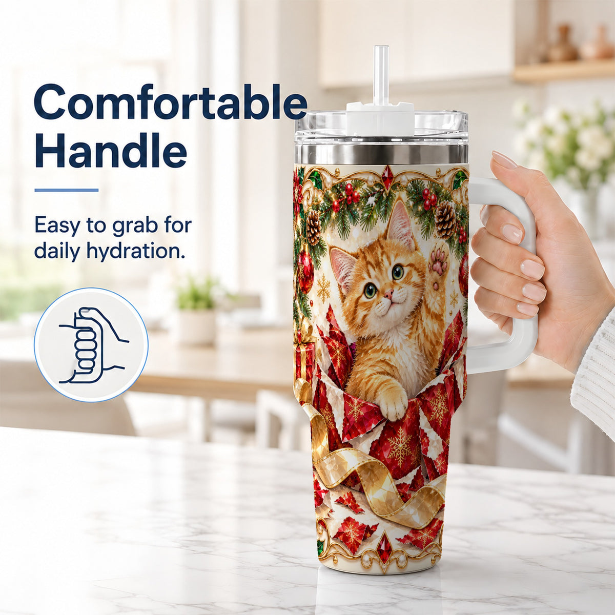 #pl[40oz|White] Christmas Kitten 40oz Tumbler with Handle, Festive Cat Travel Cup
