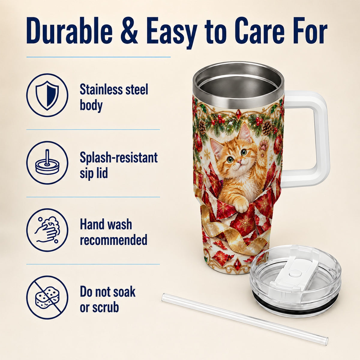 Christmas Kitten 40oz Tumbler with Handle, Festive Cat Travel Cup
