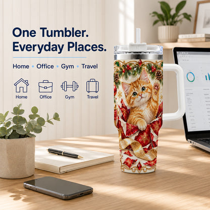 Christmas Kitten 40oz Tumbler with Handle, Festive Cat Travel Cup