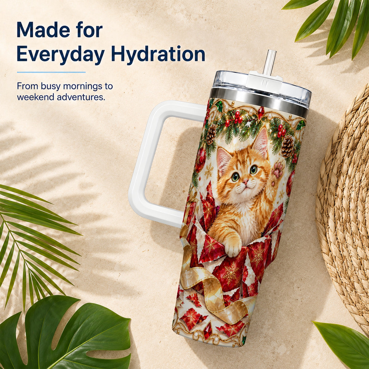 Christmas Kitten 40oz Tumbler with Handle, Festive Cat Travel Cup