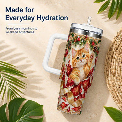 Christmas Kitten 40oz Tumbler with Handle, Festive Cat Travel Cup