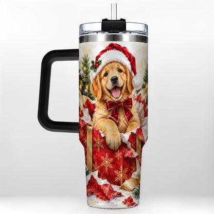 #pl[40oz|Black] Christmas Golden Retriever 40oz Tumbler with Handle, Puppy Travel Cup