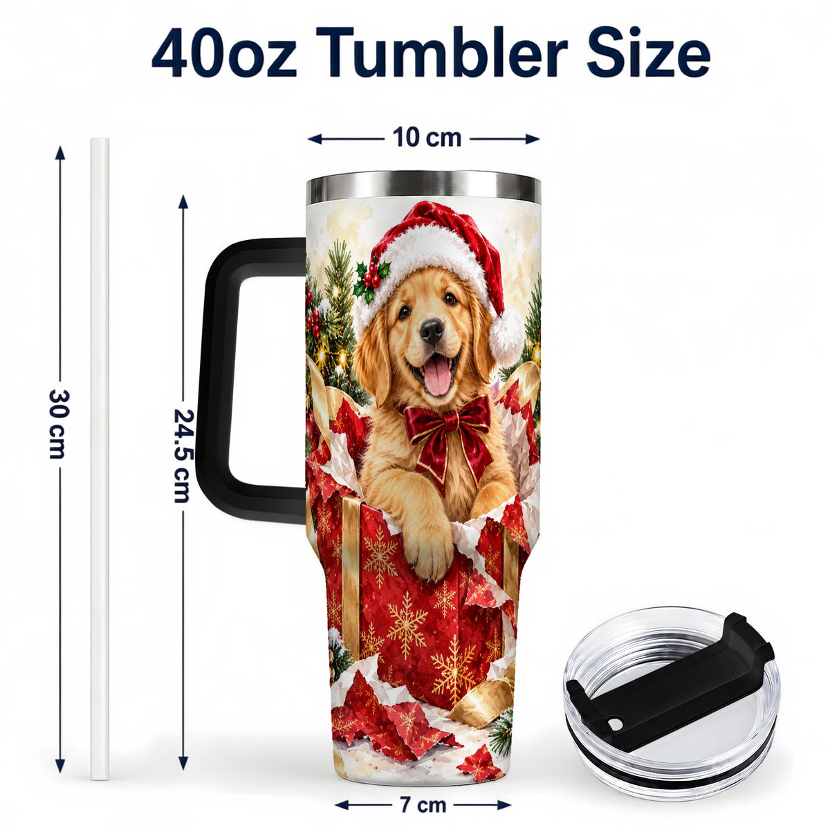 #pl[40oz|Black] Christmas Golden Retriever 40oz Tumbler with Handle, Puppy Travel Cup
