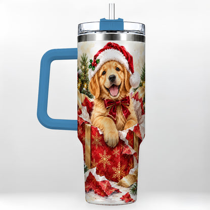 #pl[40oz|Blue] Christmas Golden Retriever 40oz Tumbler with Handle, Puppy Travel Cup