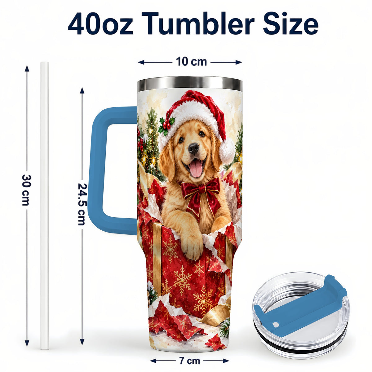 #pl[40oz|Blue] Christmas Golden Retriever 40oz Tumbler with Handle, Puppy Travel Cup