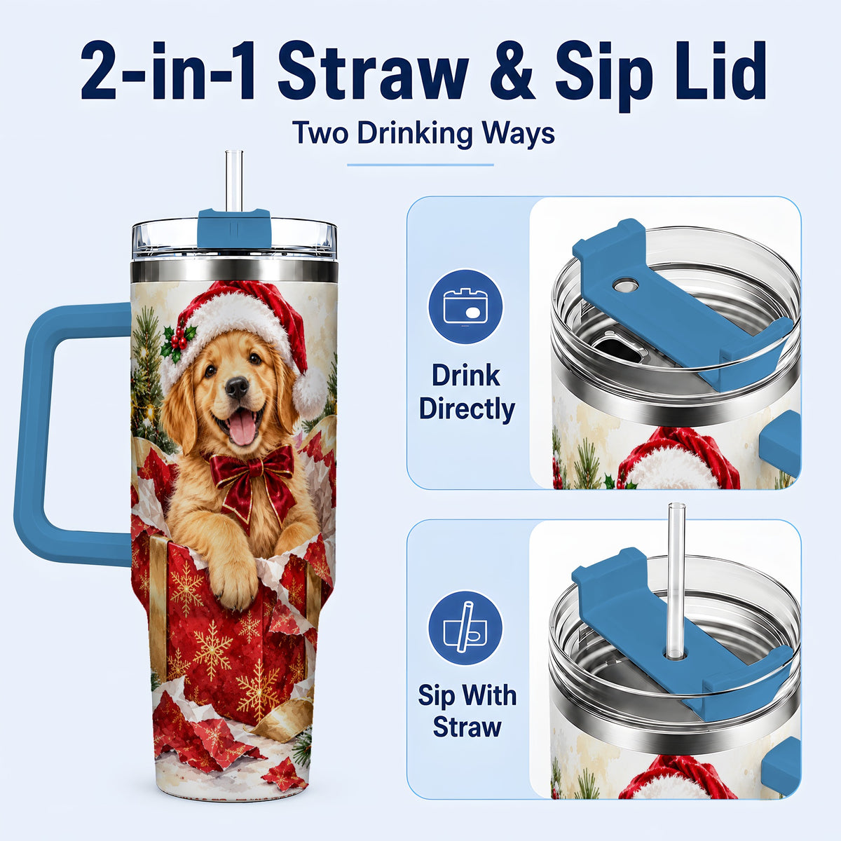 #pl[40oz|Blue] Christmas Golden Retriever 40oz Tumbler with Handle, Puppy Travel Cup