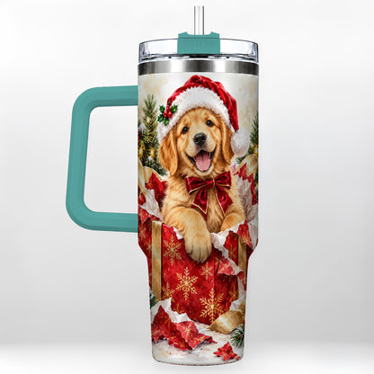 #pl[40oz|Green] Christmas Golden Retriever 40oz Tumbler with Handle, Puppy Travel Cup
