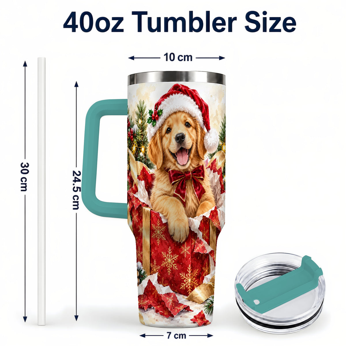 #pl[40oz|Green] Christmas Golden Retriever 40oz Tumbler with Handle, Puppy Travel Cup