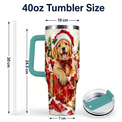 #pl[40oz|Green] Christmas Golden Retriever 40oz Tumbler with Handle, Puppy Travel Cup