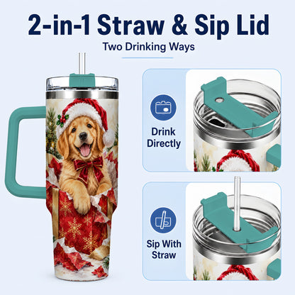 #pl[40oz|Green] Christmas Golden Retriever 40oz Tumbler with Handle, Puppy Travel Cup