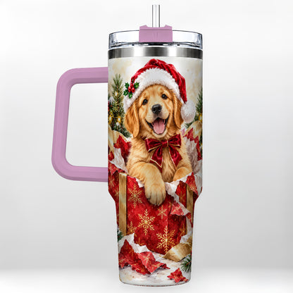 #pl[40oz|Pink] Christmas Golden Retriever 40oz Tumbler with Handle, Puppy Travel Cup