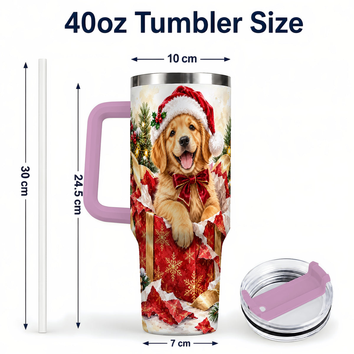 #pl[40oz|Pink] Christmas Golden Retriever 40oz Tumbler with Handle, Puppy Travel Cup