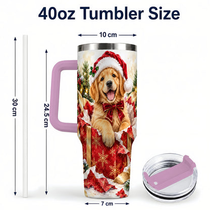 #pl[40oz|Pink] Christmas Golden Retriever 40oz Tumbler with Handle, Puppy Travel Cup