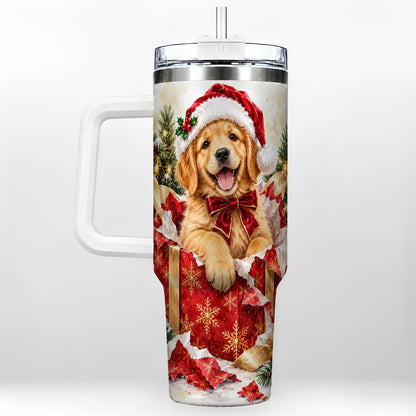 Christmas Golden Retriever 40oz Tumbler with Handle, Puppy Travel Cup