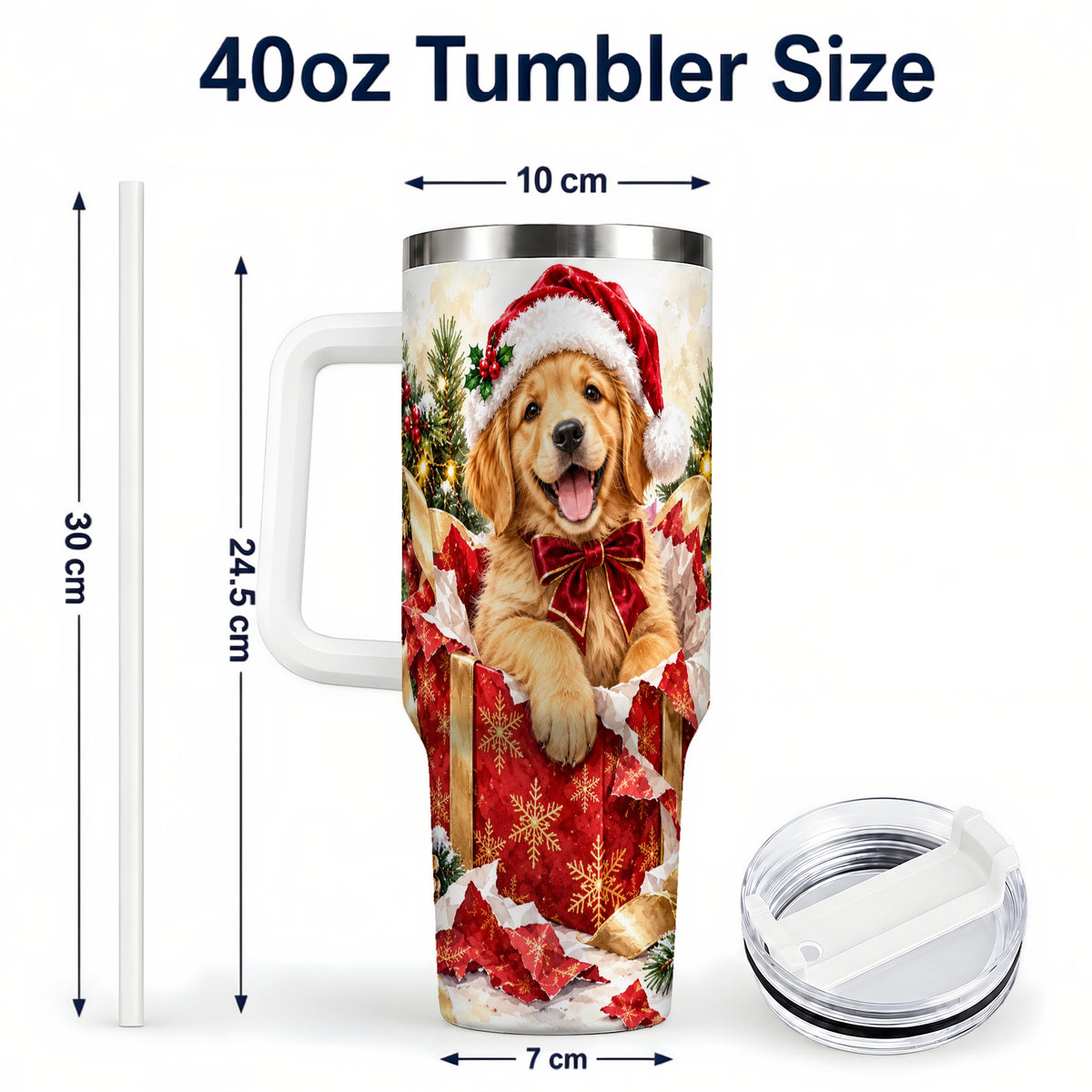 #pl[40oz|White] Christmas Golden Retriever 40oz Tumbler with Handle, Puppy Travel Cup