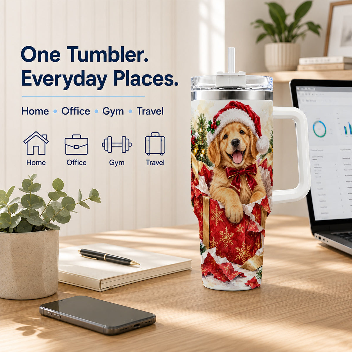 Christmas Golden Retriever 40oz Tumbler with Handle, Puppy Travel Cup