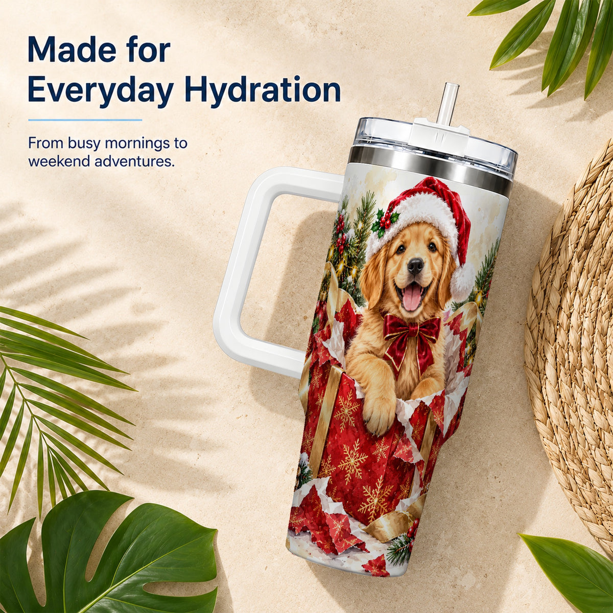 Christmas Golden Retriever 40oz Tumbler with Handle, Puppy Travel Cup