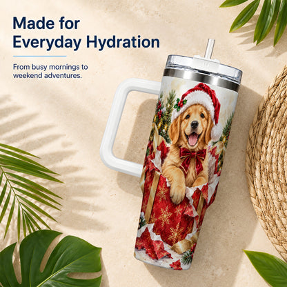 Christmas Golden Retriever 40oz Tumbler with Handle, Puppy Travel Cup