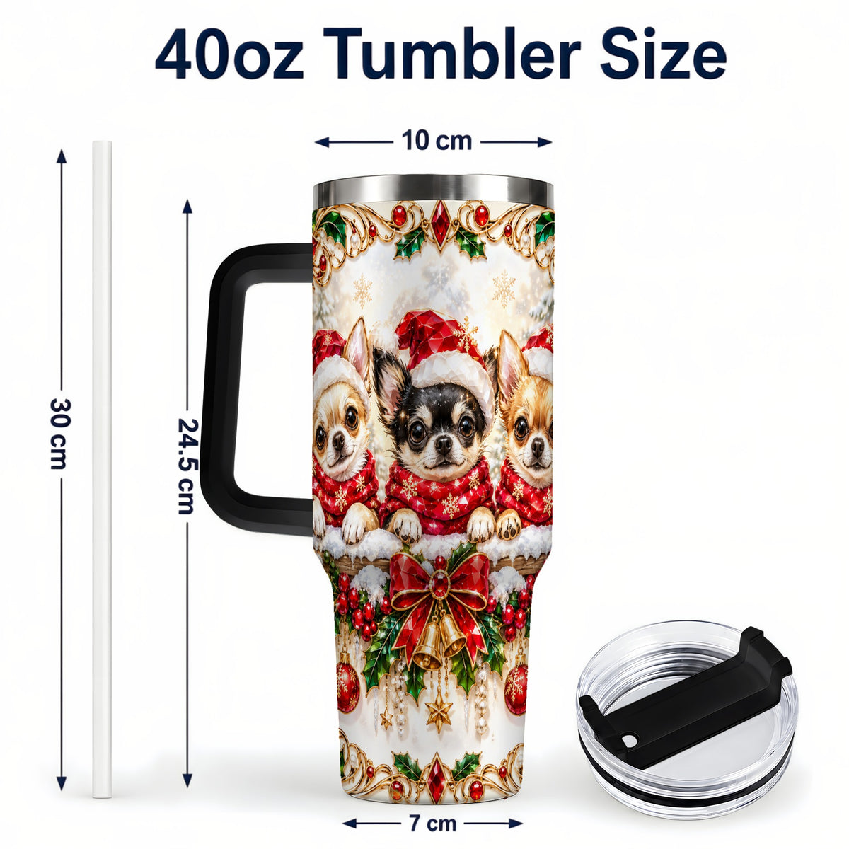 #pl[40oz|Black] Christmas Chihuahua 40oz Tumbler with Handle, Holiday Dog Travel Cup