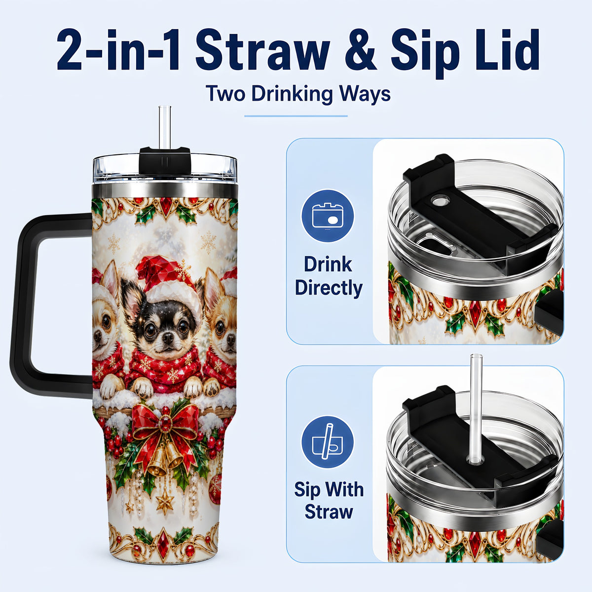 #pl[40oz|Black] Christmas Chihuahua 40oz Tumbler with Handle, Holiday Dog Travel Cup