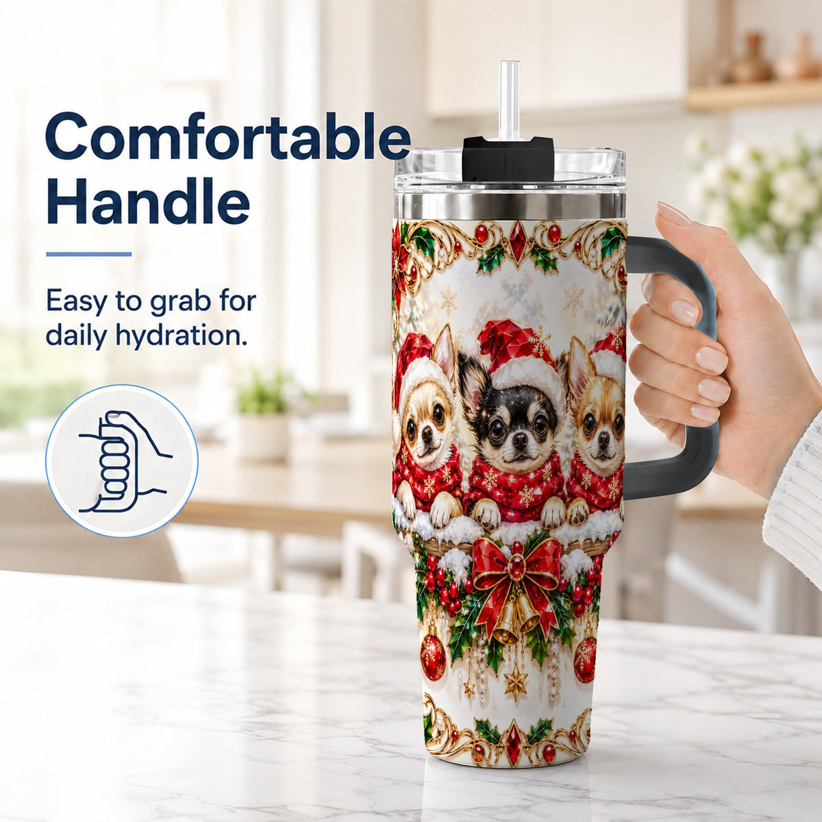#pl[40oz|Black] Christmas Chihuahua 40oz Tumbler with Handle, Holiday Dog Travel Cup