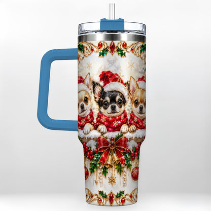 #pl[40oz|Blue] Christmas Chihuahua 40oz Tumbler with Handle, Holiday Dog Travel Cup