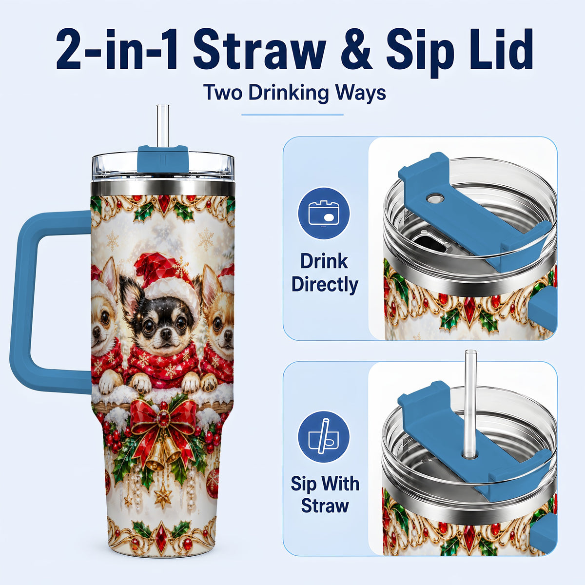 #pl[40oz|Blue] Christmas Chihuahua 40oz Tumbler with Handle, Holiday Dog Travel Cup