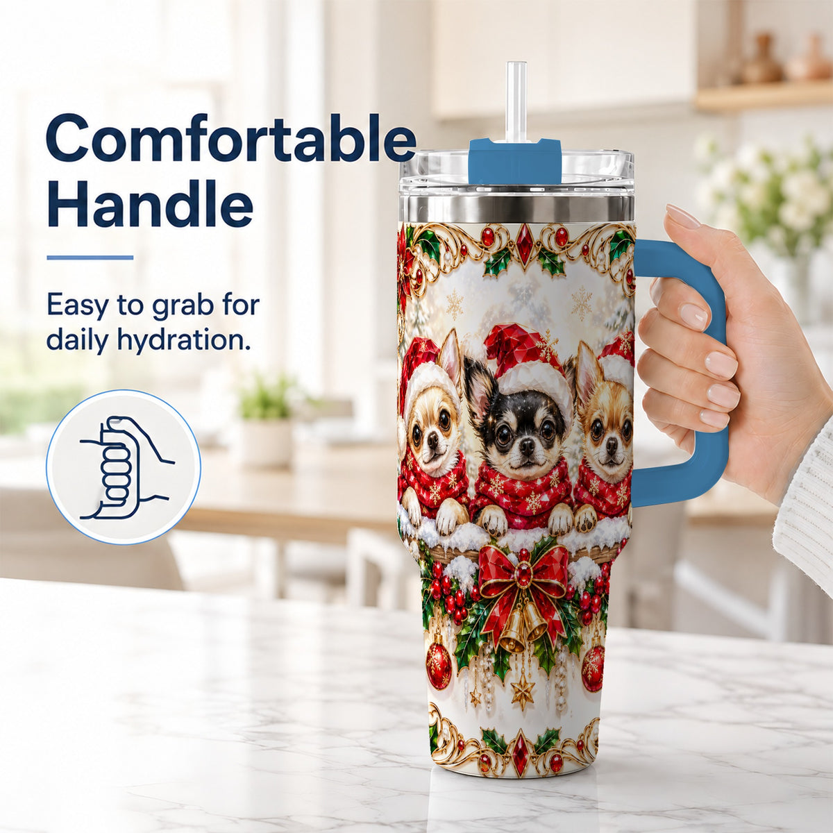 #pl[40oz|Blue] Christmas Chihuahua 40oz Tumbler with Handle, Holiday Dog Travel Cup