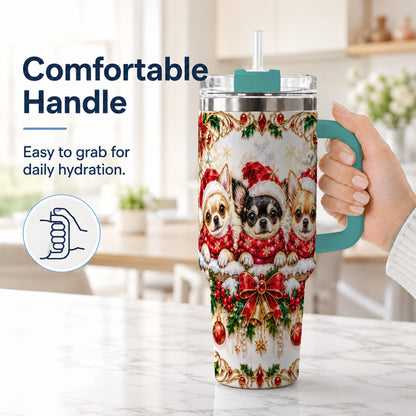 #pl[40oz|Green] Christmas Chihuahua 40oz Tumbler with Handle, Holiday Dog Travel Cup