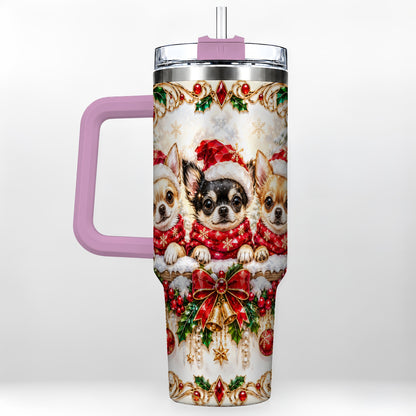 #pl[40oz|Pink] Christmas Chihuahua 40oz Tumbler with Handle, Holiday Dog Travel Cup